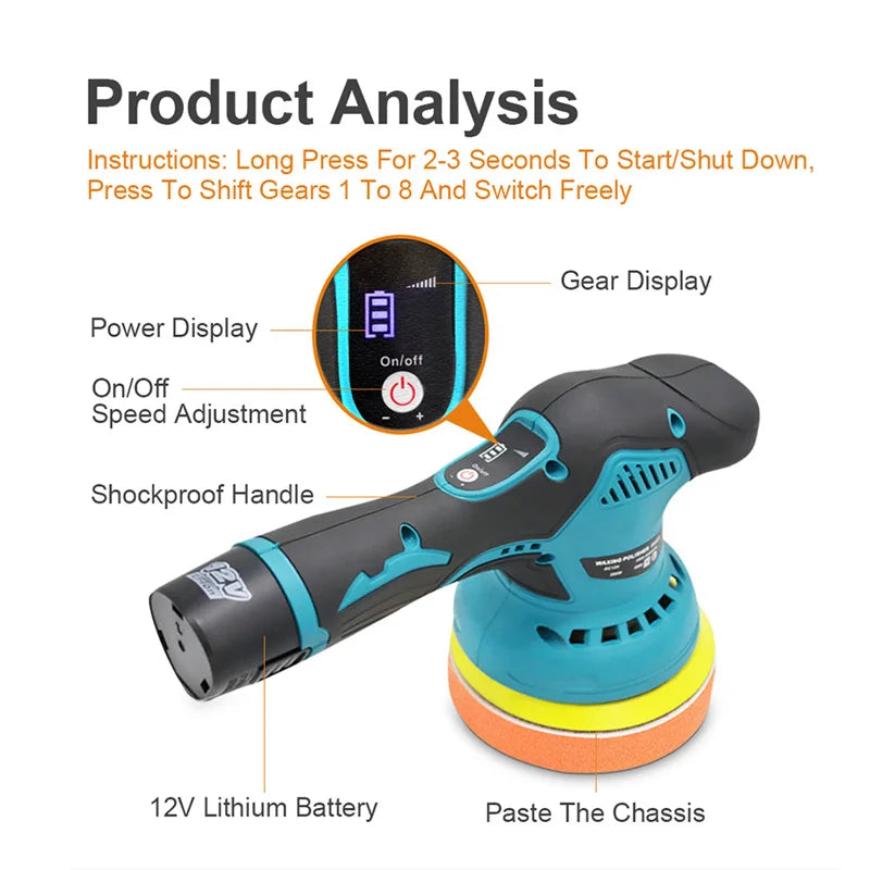 8 Gears 380W Cordless Car Polisher 12V Lithium Electric Polishing Waxing Machine For Repairing Scratches Wireless Sander Polish