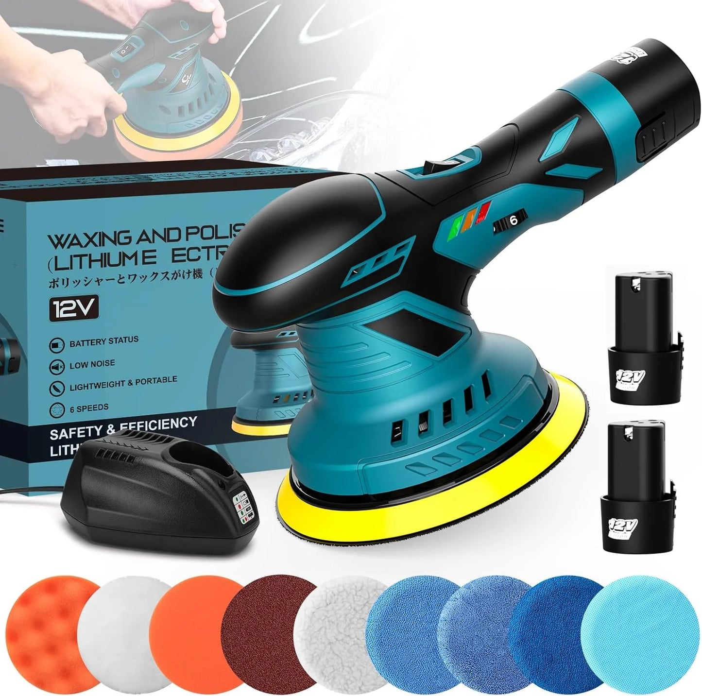 6 Gears Cordless Car Polisher 12V Wireless Car Polishing Machine 2pcs 2.0Ah Battery Power Tool Electric Waxing Repairing Sander