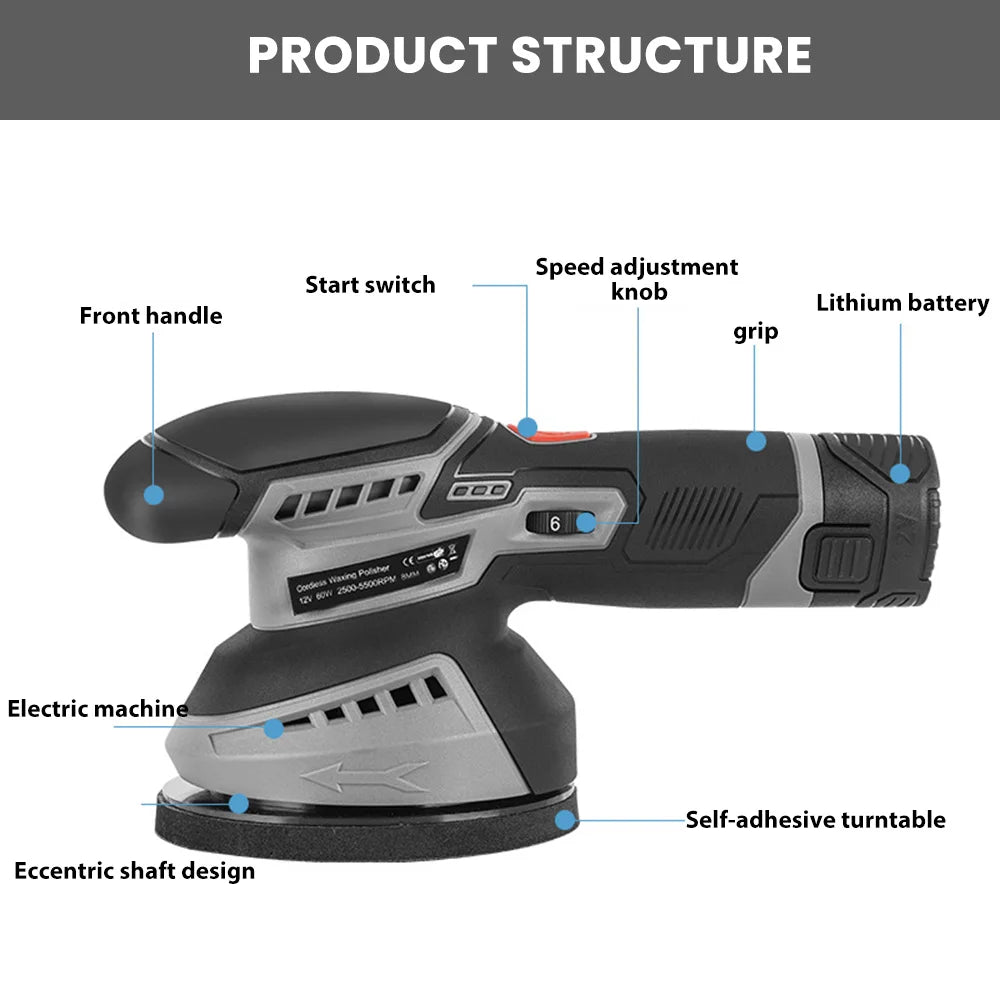 Cordless 12V Car Polisher 6 SpeedElectric Polisher Automobile Car Polishing Sealing Glaze Machine Fit with Lithium Battery