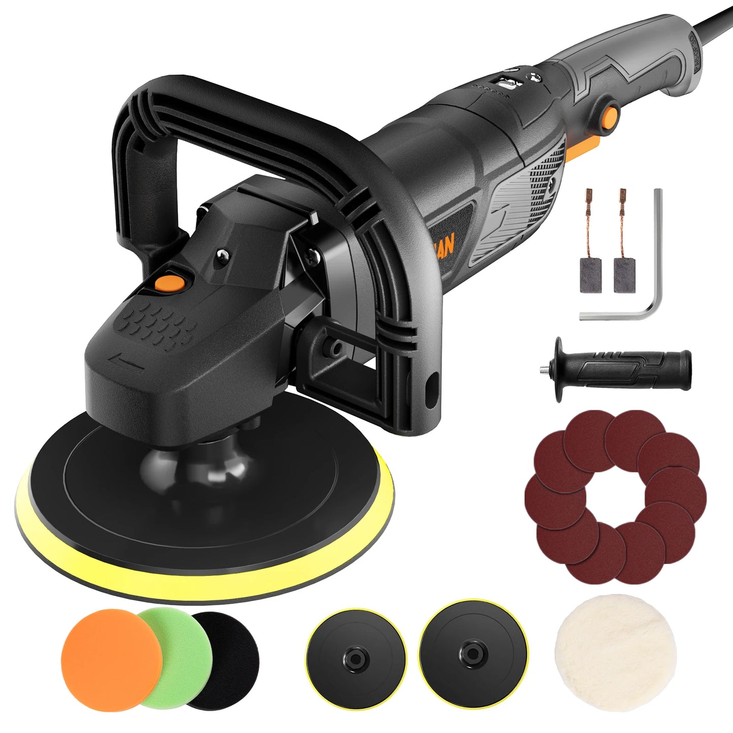 DOVAMAN 1500W Rotary Polisher 180mm/150mm, 6 Adjustable Speeds (600-3000rpm), Removable Handle, Car Polishing