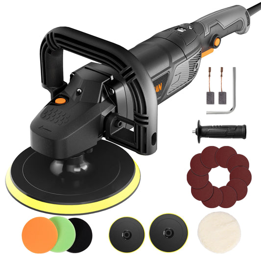 DOVAMAN 1500W Rotary Polisher 180mm/150mm, 6 Adjustable Speeds (600-3000rpm), Removable Handle, Car Polishing