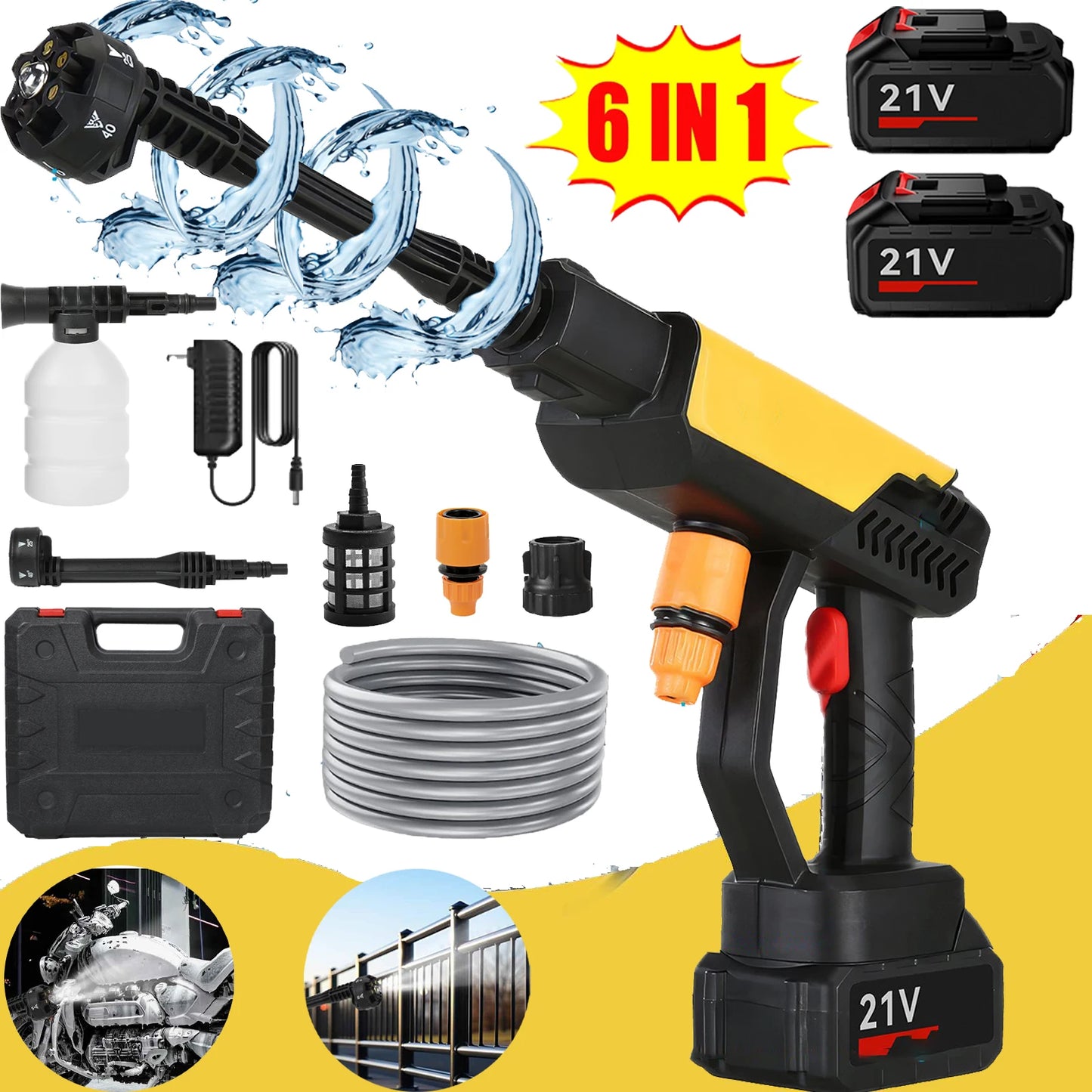 70Bar 6IN1 Cordless High Pressure Car Washer Spray Water Gun Foam Generator Water Gun Spray Cleaner Car Washing Machine for Home