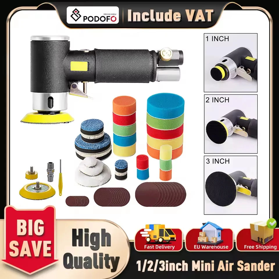 Podofo 1/2/3inch Adjustable 3MM Orbit Air Sander Mini Pneumatic 1200 RPM Grinding Machine set for Auto Sanding Car Polishing