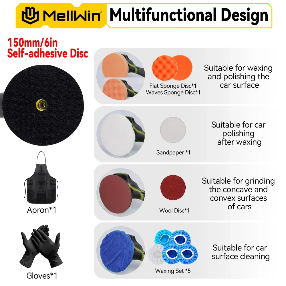 MELLWIN 6000rpm 8Gears Digital Display Cordless Electric Polisher Car Polishing Waxing Sanding Machine For Makita 18VBattery Pin