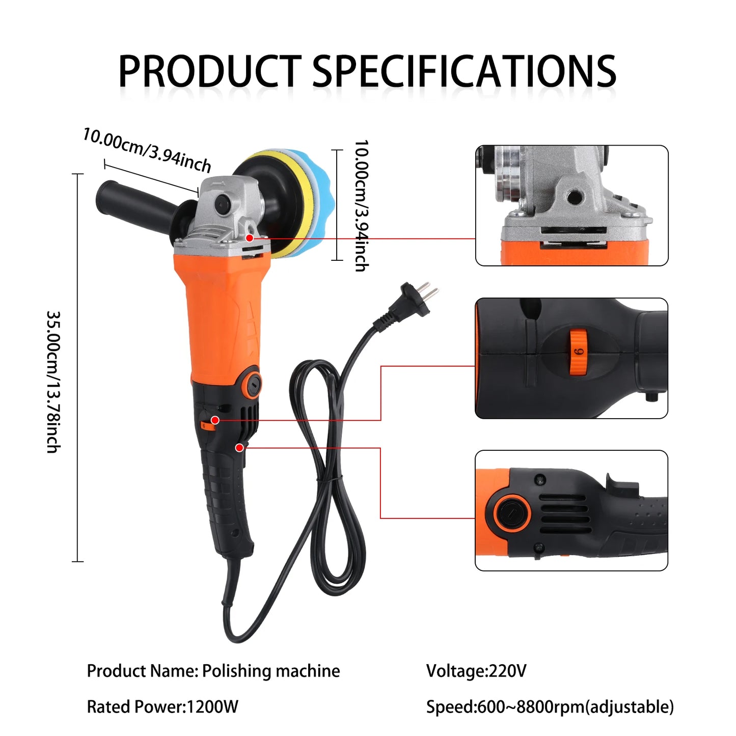 Podofo 1200W Rotary Car Buffer Polisher Waxer Detachable Handle for Boat Car Polishing and Waxing 8800RPM Sponge Rotary Polisher
