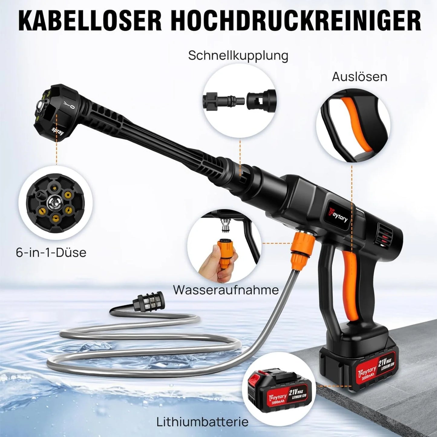 BRIEFNESS Car Washer Cordless High Pressure Washer 6 in 1 Adjustable Nozzle 5m Hose Pressure Cleaner Portable Cleaning Tool