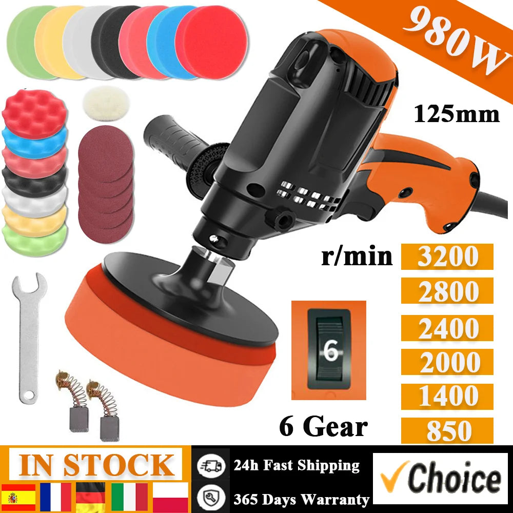 980W Multifunctional Six Gears Adjustable Speed Car Electric Polisher Waxing Machine Automobile Furniture Polishing Tool