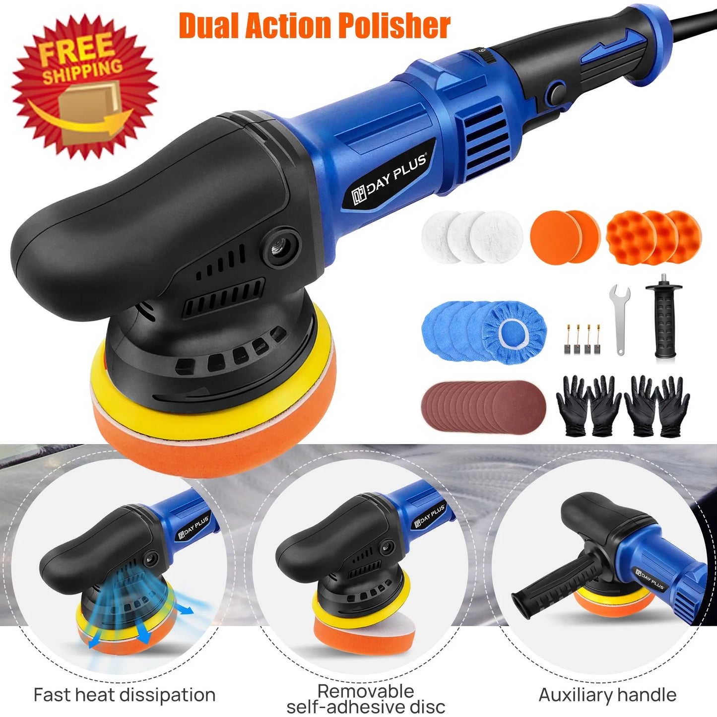 DayPlus Polisher 5000W Dual Action Car Polisher, Random Orbital Polisher Car Buffer Polisher 6 Variable Speed for car Detailing