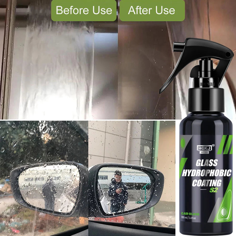 HGKJ S2 Car Glass Hydrophobic Coating Spray Rain Repellent Automotive Antirain Clear View Nano Waterproof Agent Car Care Detail