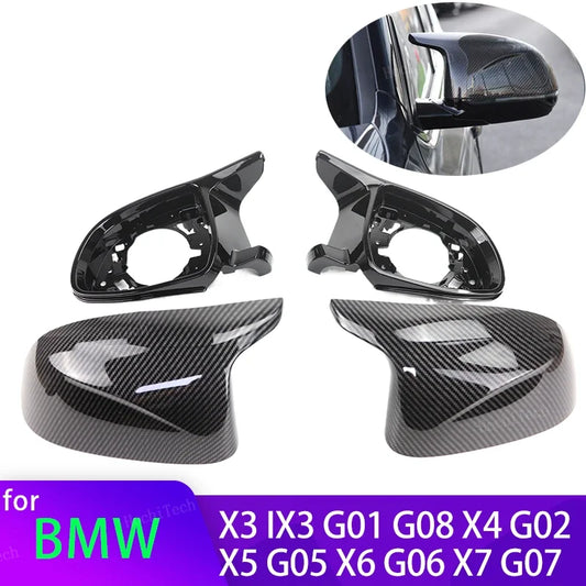 4pcs Carbon Fiber Look Black Rear View Side Mirror Cover Caps Shell Case for BMW X3 iX3 G01 G08, X4 G02, X5 G05, X6 G06, X7 G07