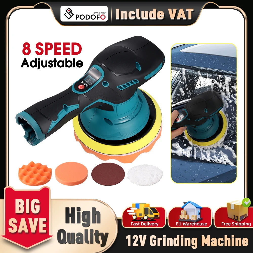Podofo 5000RPM 12V Car Brushed Polisher Waxing Machine 4 Position Adjustable Electric Waxing Tool without Battery Charger