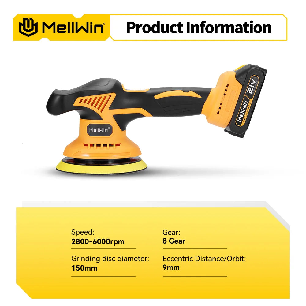 MELLWIN 6000rpm 8Gears Digital Display Cordless Electric Polisher Car Polishing Waxing Sanding Machine For Makita 18VBattery Pin