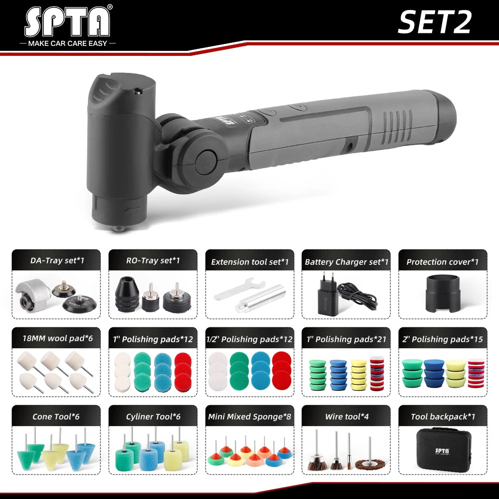 SPTA 3.7V RO&DA Micro Cordless Mini Car Polisher Portable Handheld Rechargeable Adjustment Speed Auto Detailing Tool