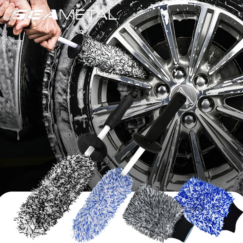SEAMETAL Microfiber Car Wash Brush Cleaning Gloves Plastic Handle Wheel Brush Double-Side Absorbent Clean Glove Car Washing Tool