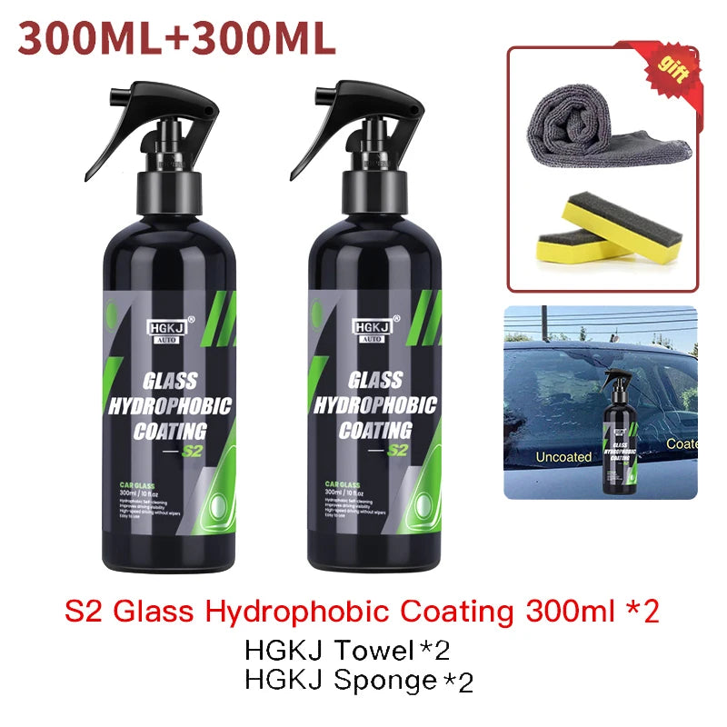 HGKJ S2 Car Glass Hydrophobic Coating Spray Rain Repellent Automotive Antirain Clear View Nano Waterproof Agent Car Care Detail