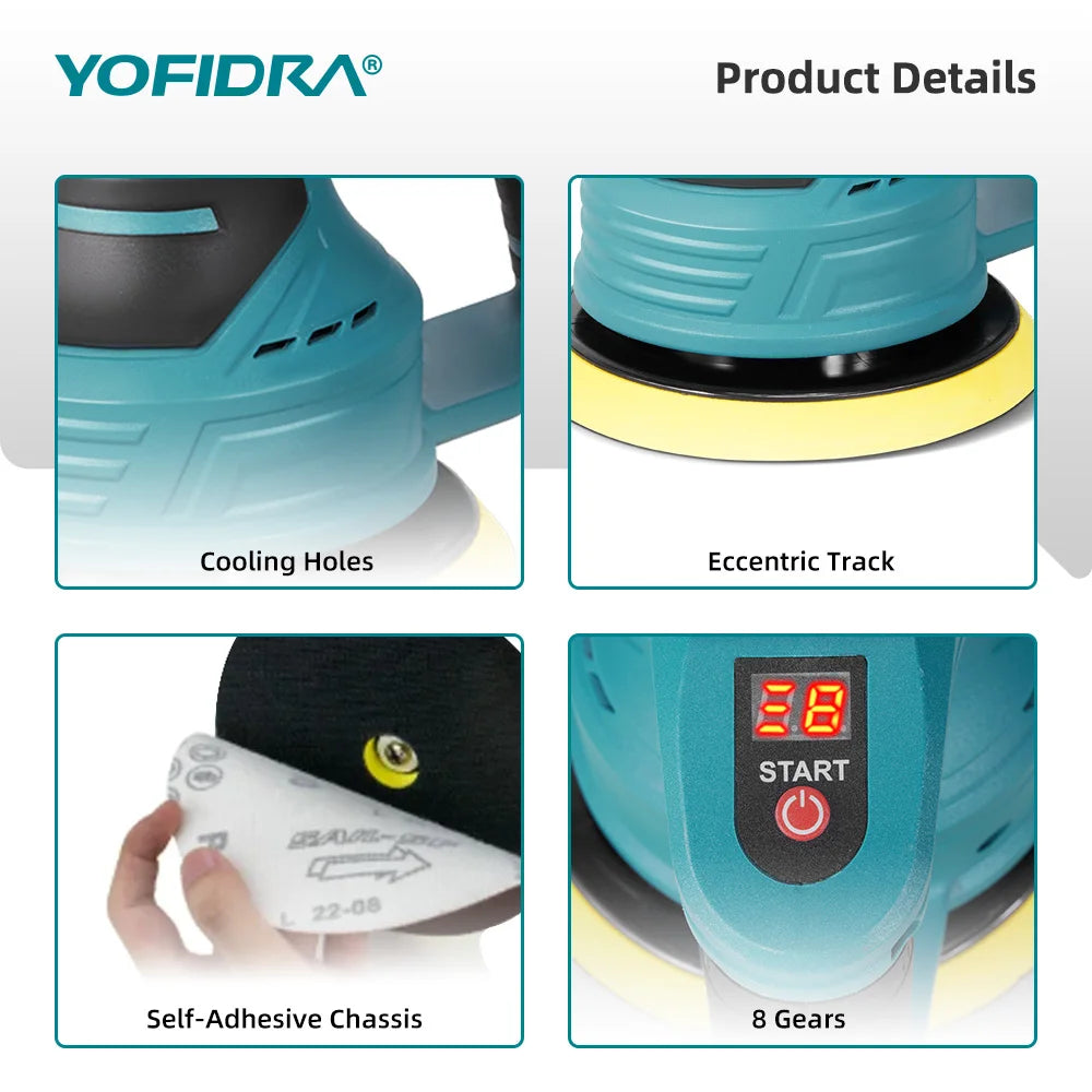 YOFIDRA Cordless Car Polisher 8 Gears Adjustable Auto Electric Waxing Sanding Sealing Glaze Power Tool For Makita 18V Battery