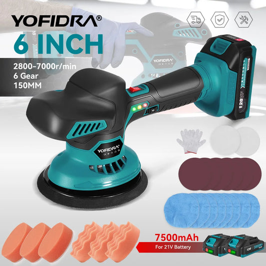 YOFIDRA 150MM 7000RPM Electric Car Polisher 6 Gears Cordless Auto Polishing Sanding Wax Power Tool For Makita 18V Battery Pin