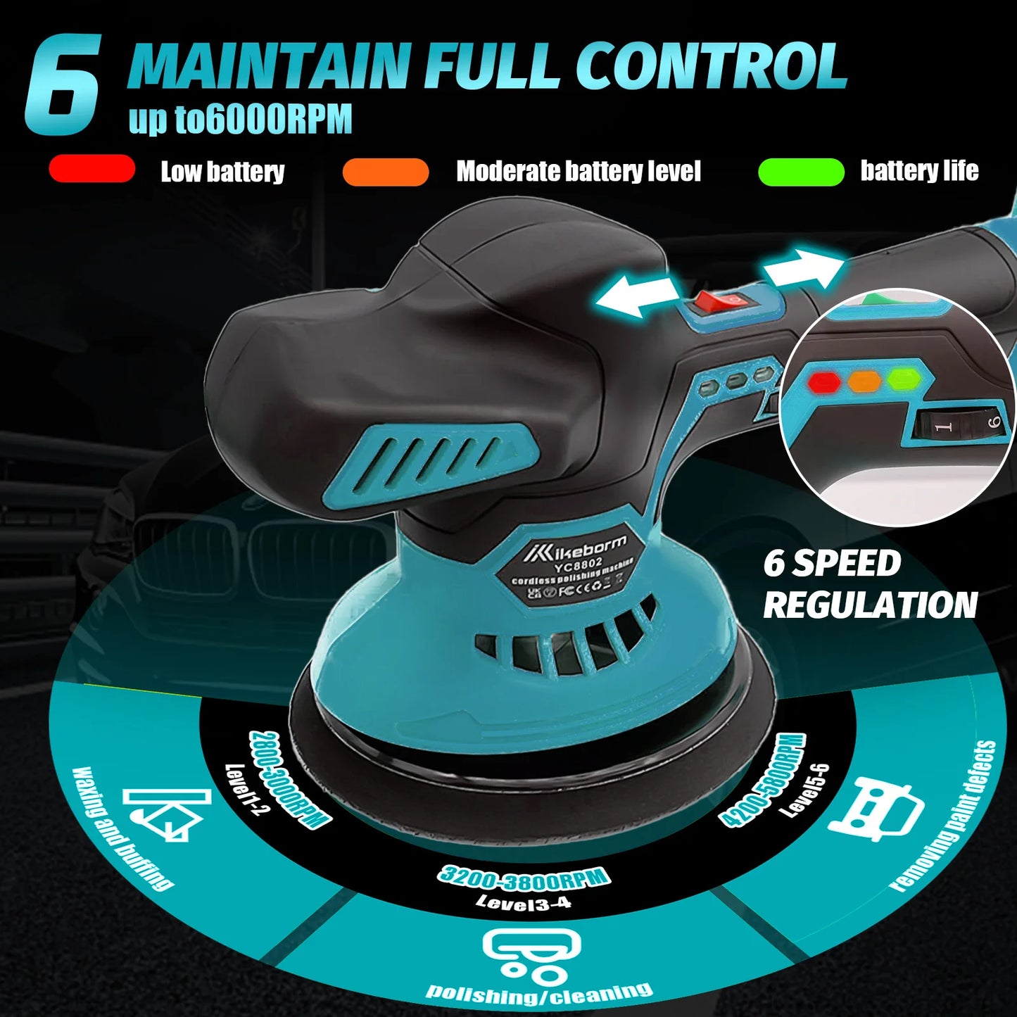 Cordless Car Buffer Polisher, 6 Variable Speed Orbital Polisher, for Car Detailing Polishing Compatible with Makita 18v