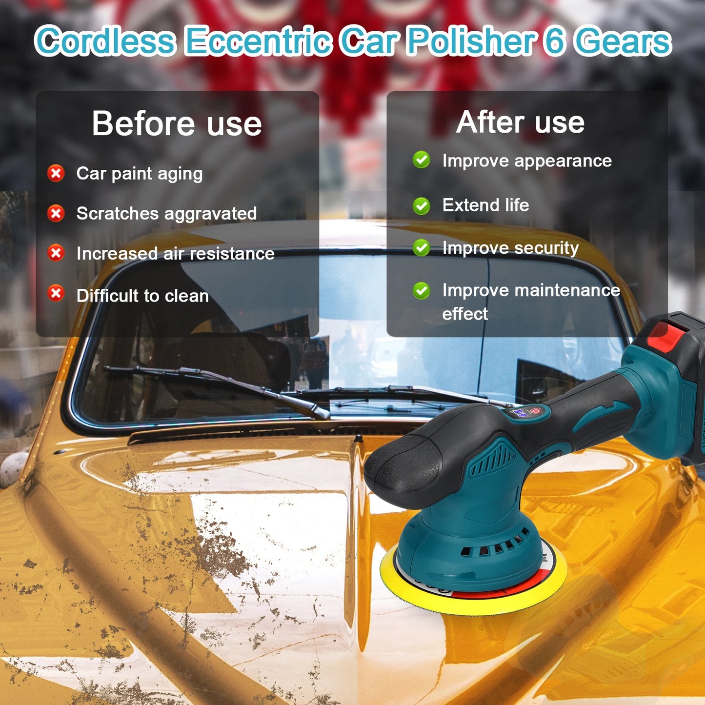 21V Cordless Car Polisher 6 Gears of Speeds Adjustable Electric Auto Polishing Machine Multifunction Home Cleaning Metal Waxing