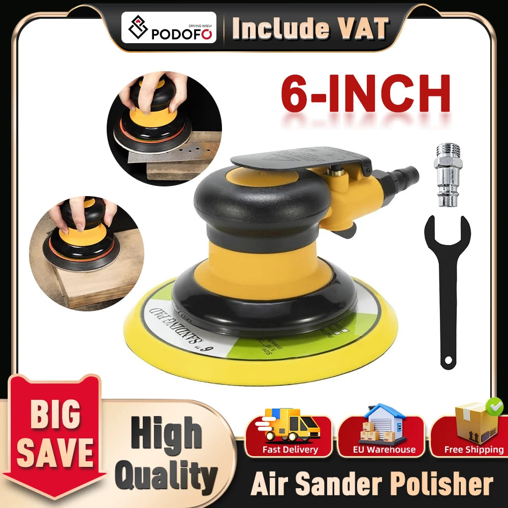 Podofo 12000 RPM Grindering Machine Car Air Sander Polisher with 6'' Pad, 6''Air Sander and a Wrench Polishing Grinder Tool