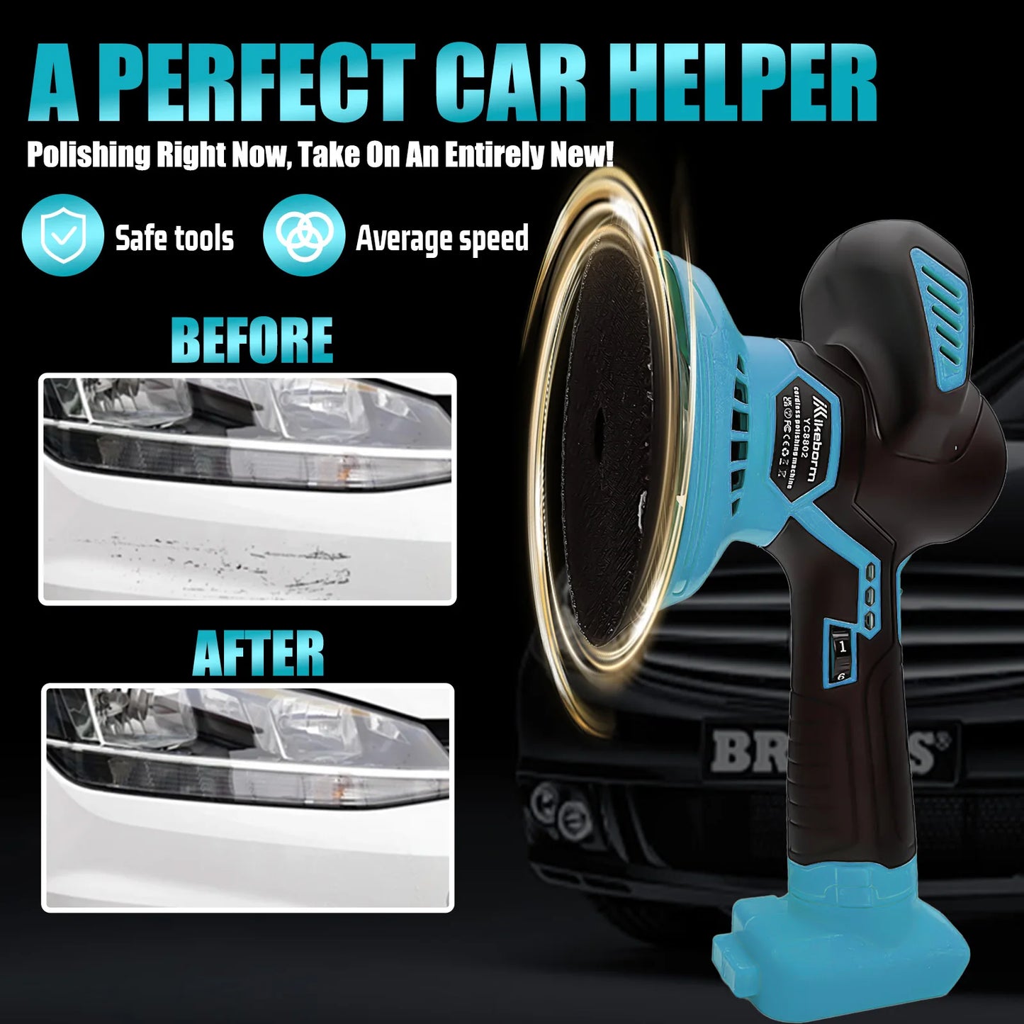 Cordless Car Buffer Polisher, 6 Variable Speed Orbital Polisher, for Car Detailing Polishing Compatible with Makita 18v