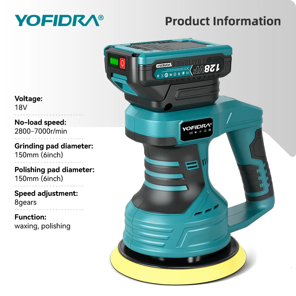 YOFIDRA Cordless Car Polisher 8 Gears Adjustable Auto Electric Waxing Sanding Sealing Glaze Power Tool For Makita 18V Battery