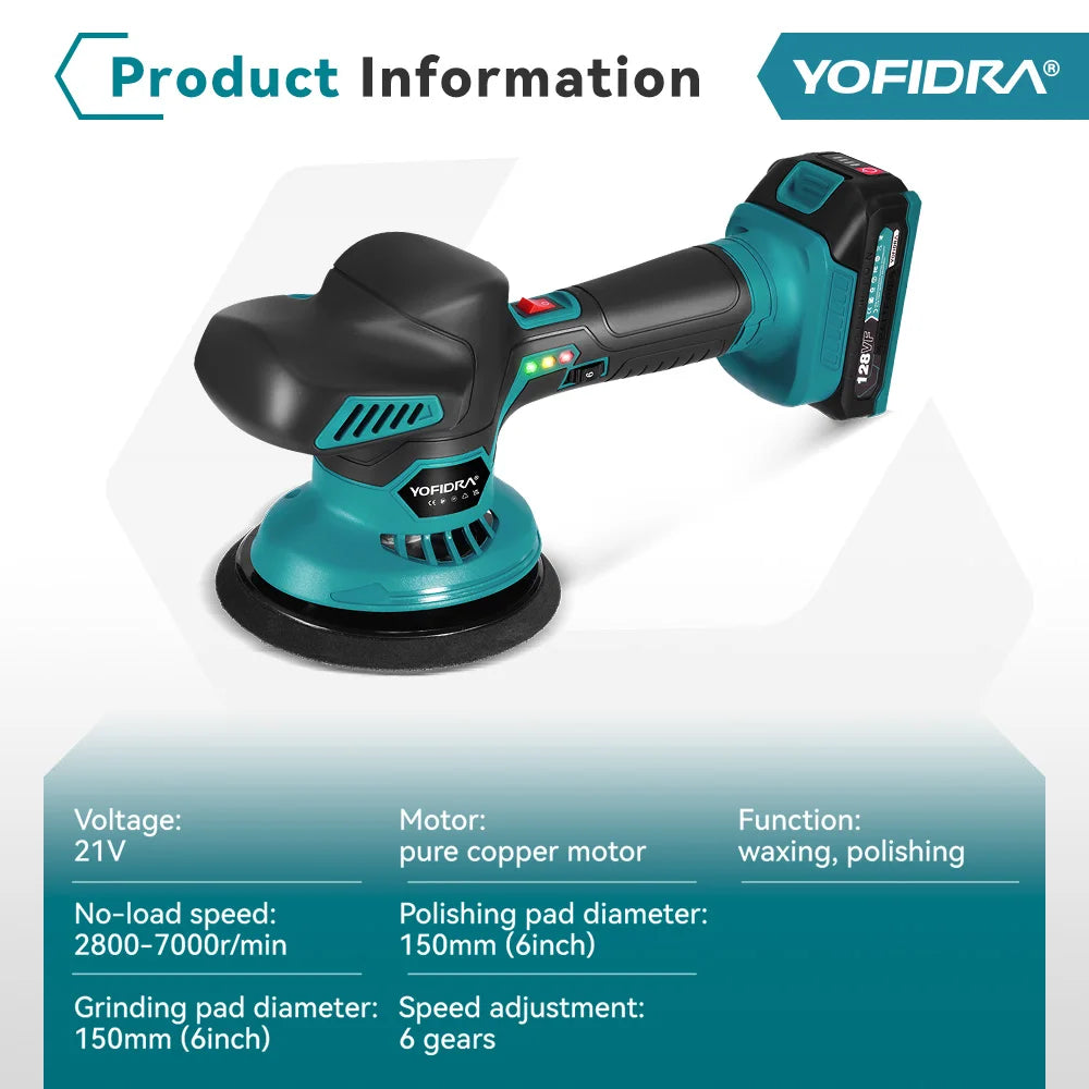 YOFIDRA 150MM 7000RPM Electric Car Polisher 6 Gears Cordless Auto Polishing Sanding Wax Power Tool For Makita 18V Battery Pin