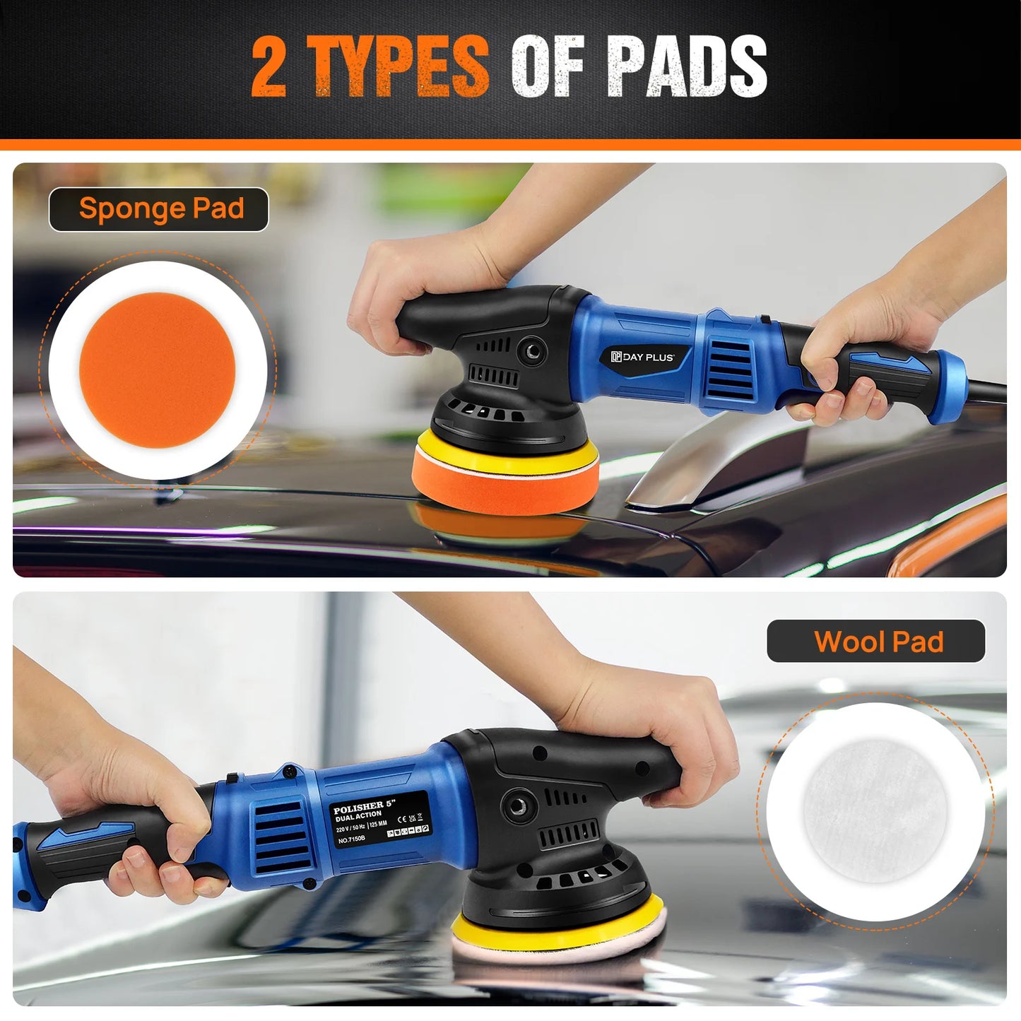 DayPlus Polisher 5000W Dual Action Car Polisher, Random Orbital Polisher Car Buffer Polisher 6 Variable Speed for car Detailing